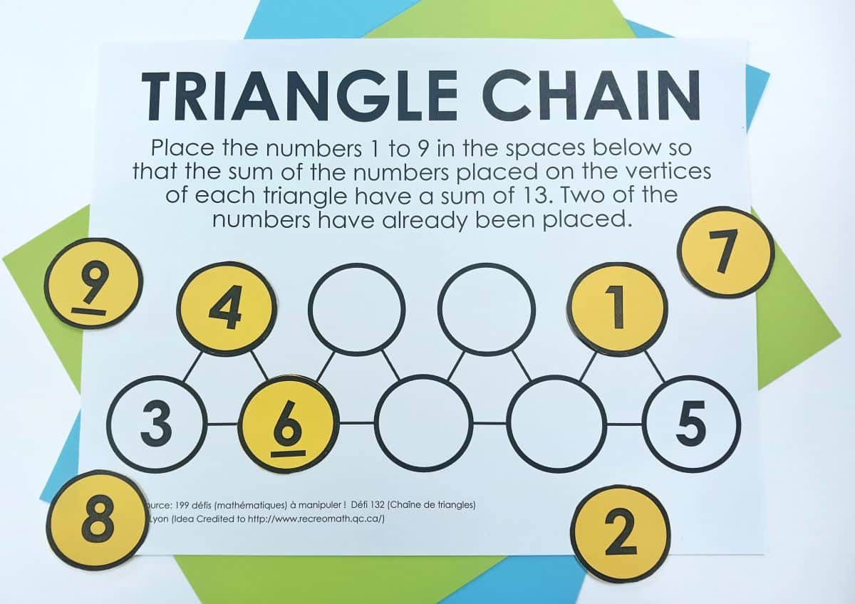 Triangle Chain Puzzle with circular number tiles