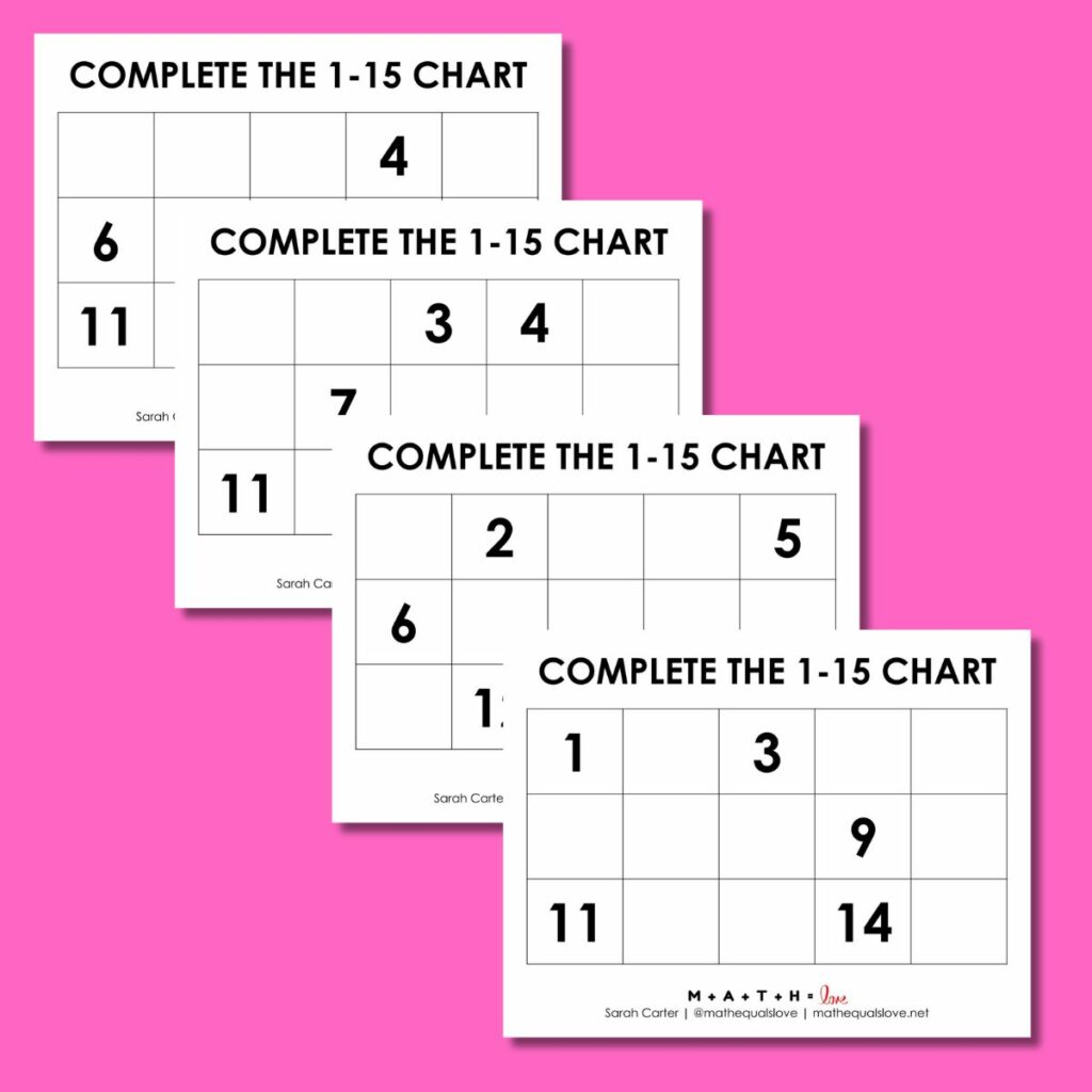 4 different versions of 1-15 missing number worksheets. 