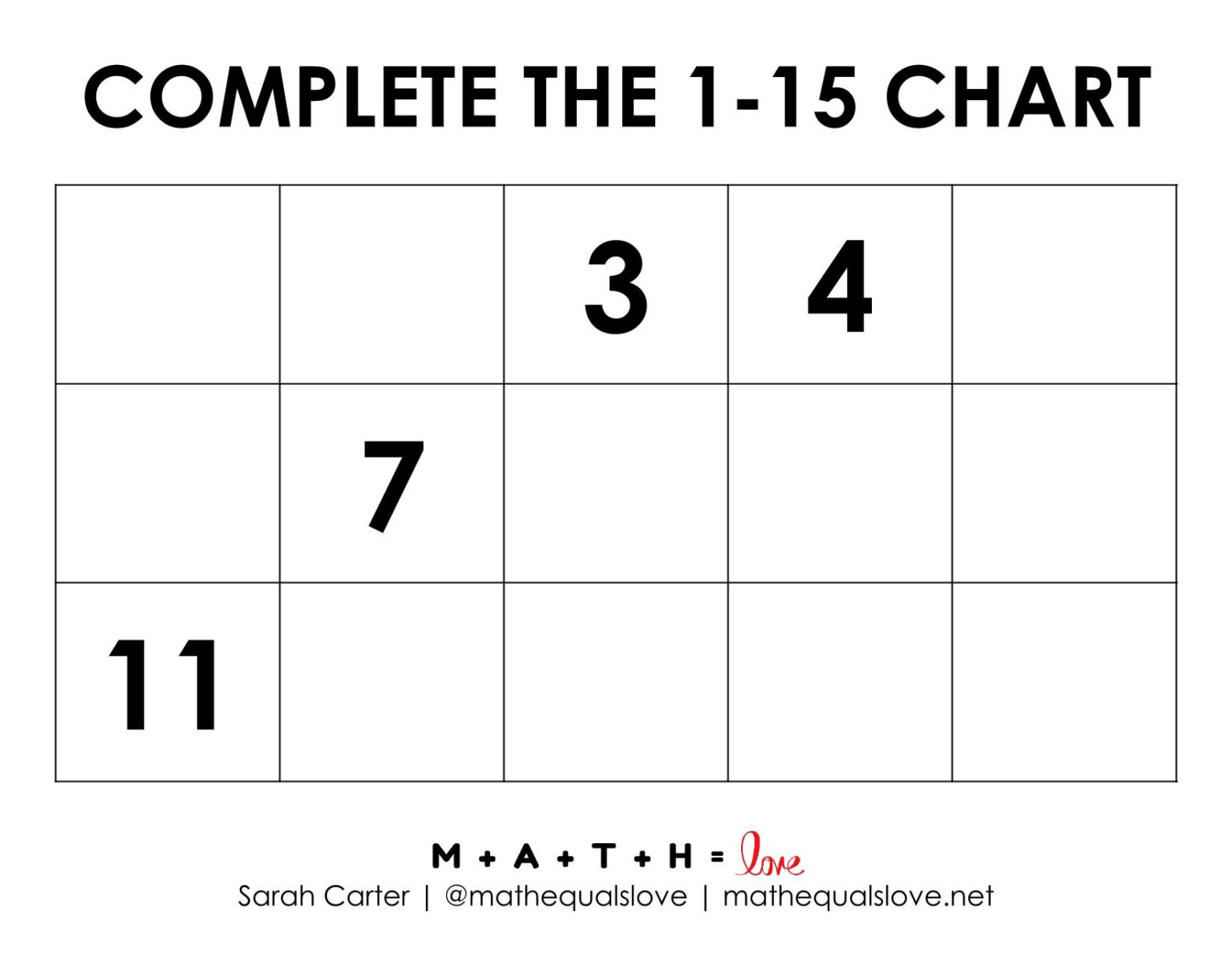 Number Chart 1-15 (with Free Missing Numbers Worksheets)