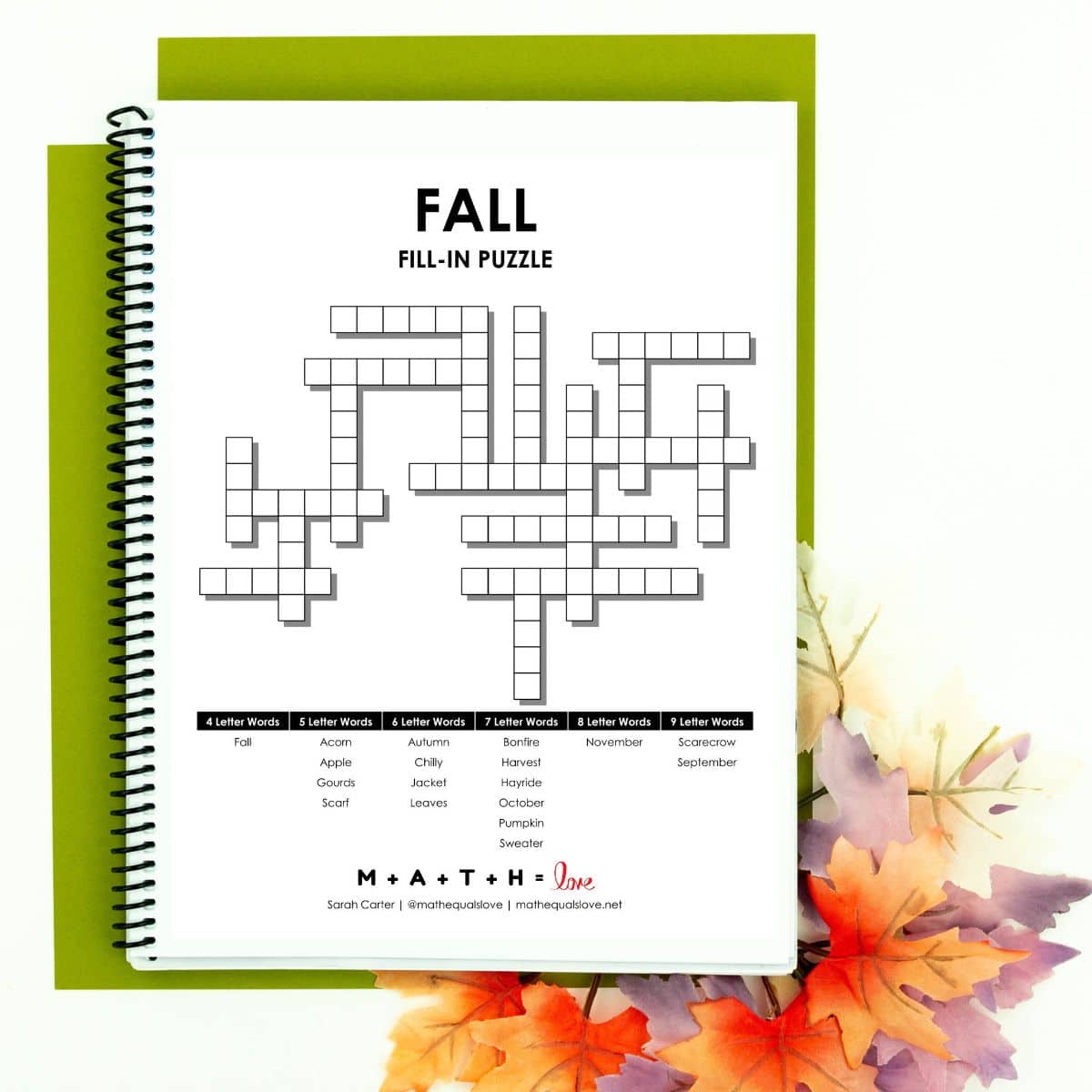 fall fill-in word puzzle in spiral bound notebook.