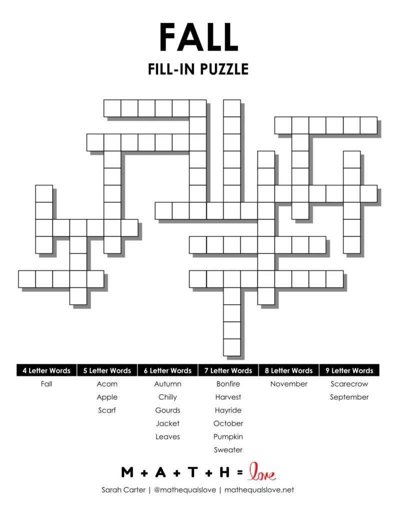 screenshot of fall fill-in word puzzle. 