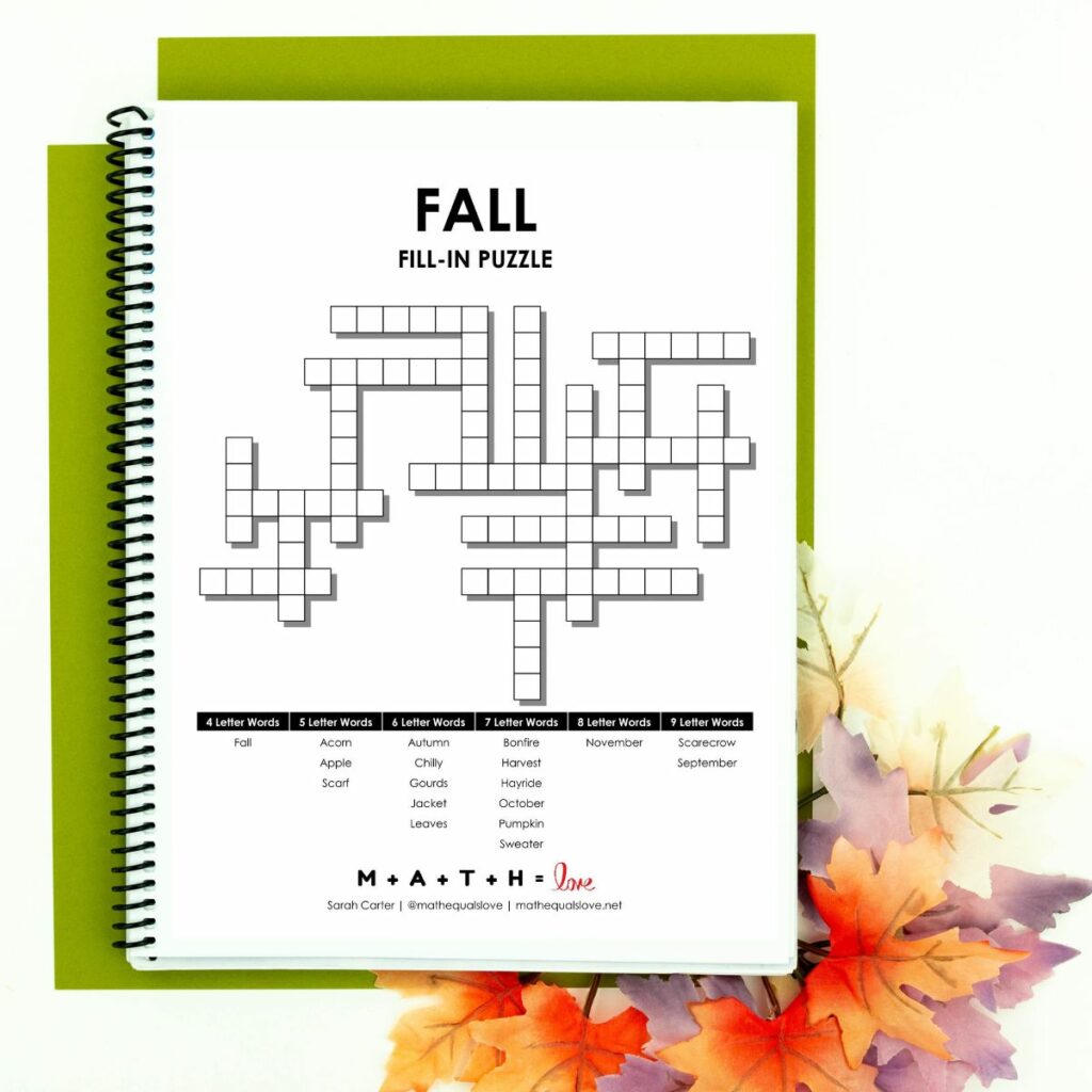 fall fill-in puzzle next to autumn leaves. 