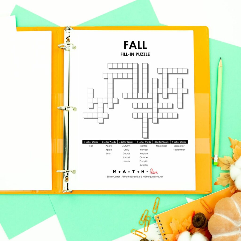 fall-fill in puzzle in binder. 