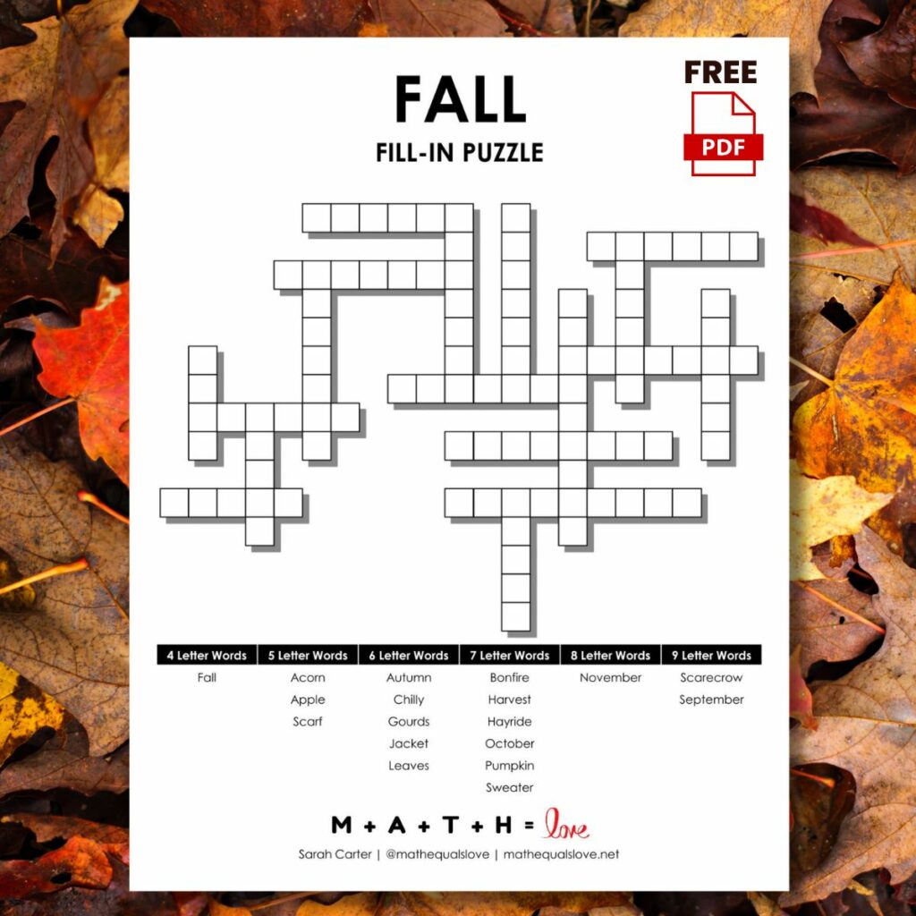 fall fill-in word puzzle on background of fall leaves. 