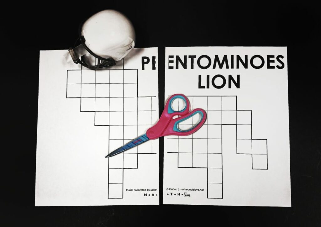 pentominoes lion puzzle printed on two sheets of letter sized paper. 