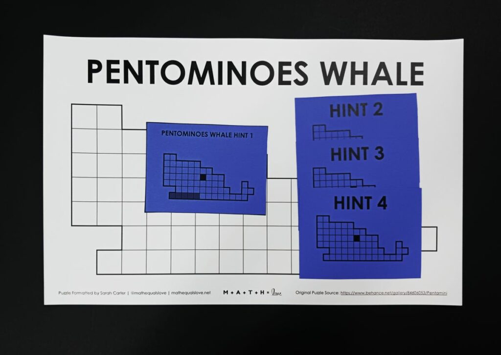 hint cards for pentominoes whale puzzle. 