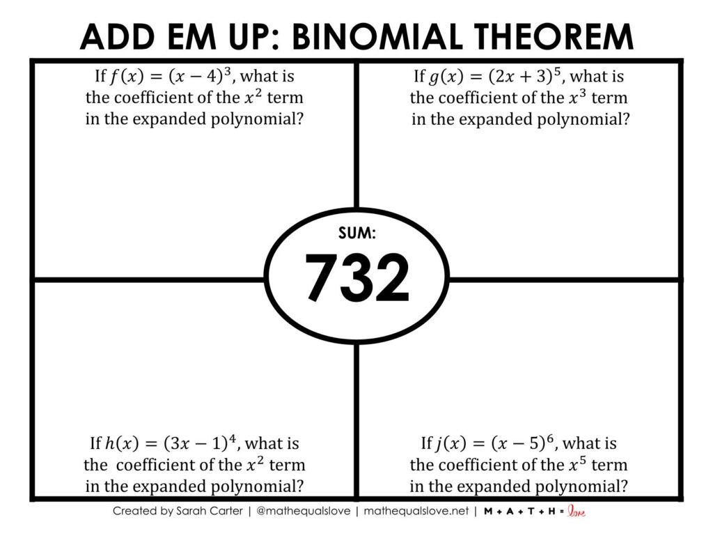 binomial theorem activity option 1 with sum printed in middle. 