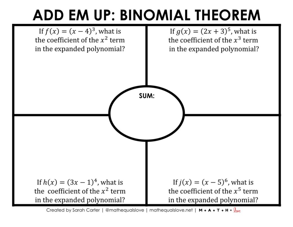 binomial theorem activity with no sum printed in middle. 