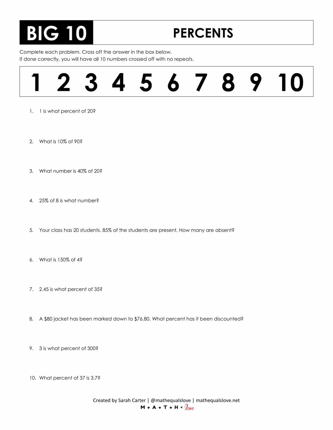 Big 10 Percents Worksheet | Math = Love