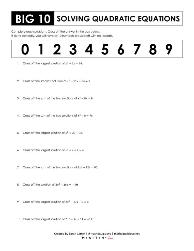 screenshot of solving quadratic equations by factoring worksheet. 