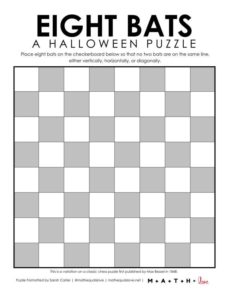 screenshot of puzzle board and instructions for 8 bats halloween puzzle. 