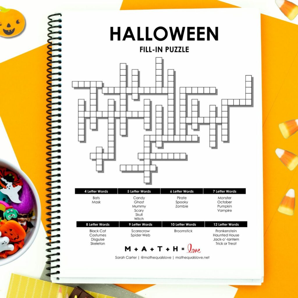 Halloween Fill-In Word Puzzle in Notebook. 