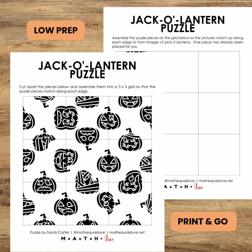 printing options for jack-o-lantern square halloween logic puzzle. 