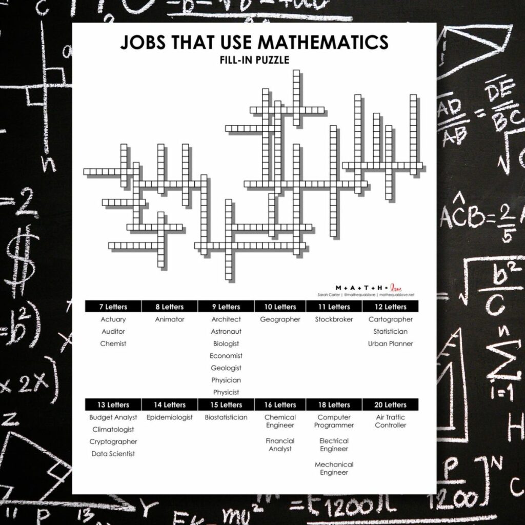 jobs that use mathematics fill-in puzzle on black mathematical background. 