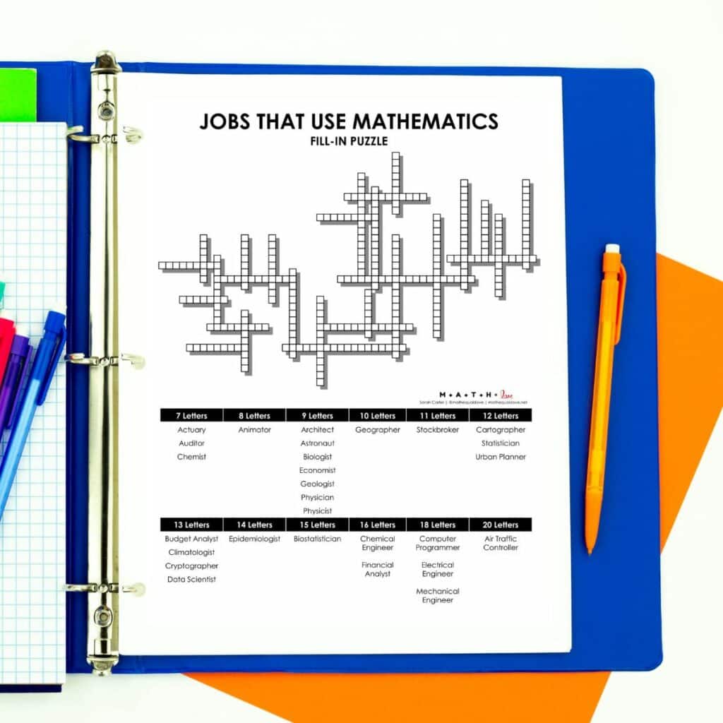 jobs that use mathematics fill-in puzzle in binder with pencil next to it. 