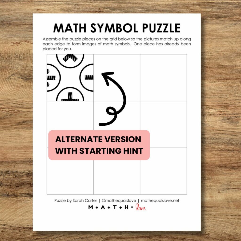 starting hint for math symbol square puzzle on grid. 