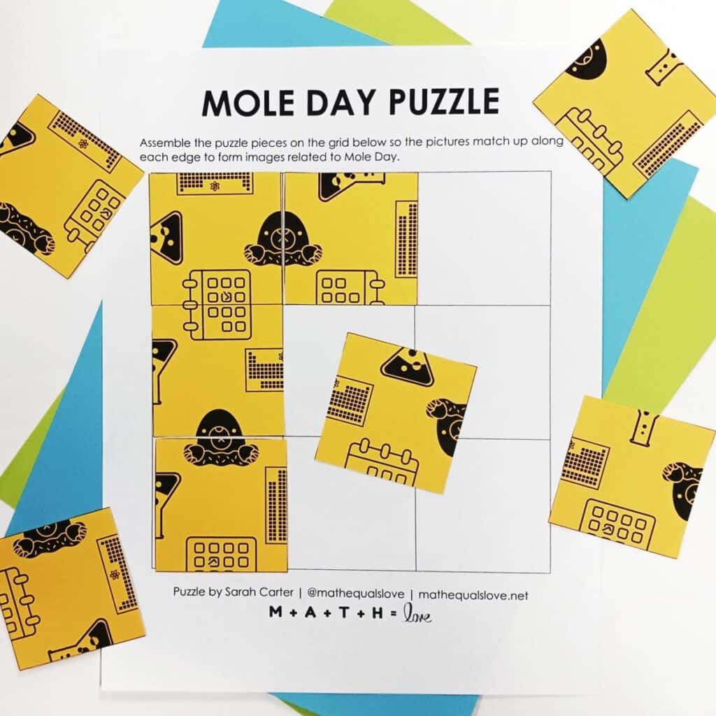 mole day square logic puzzle on grid partially solved. 