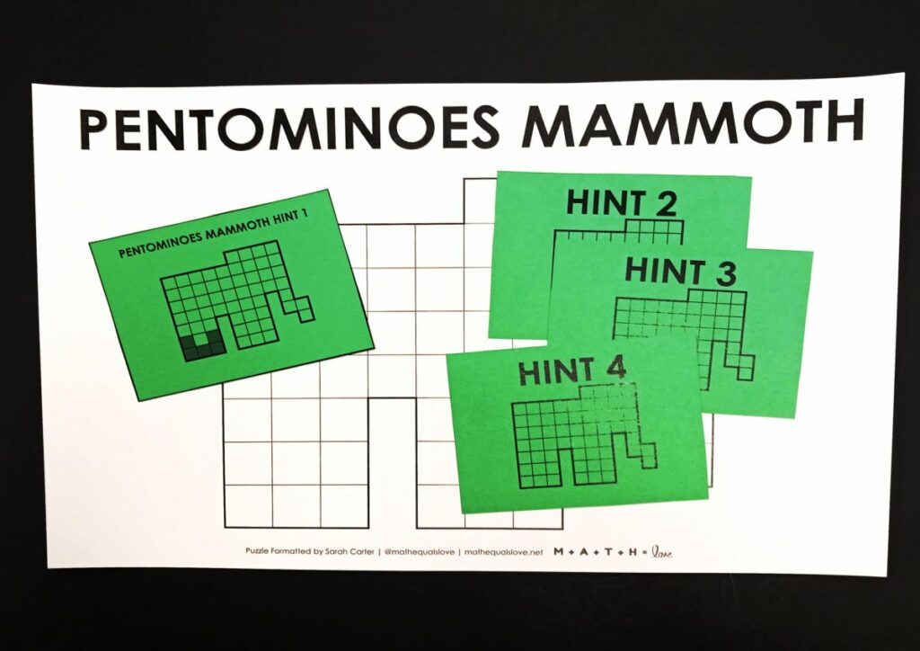 hint cards for pentomino mammoth puzzle. 