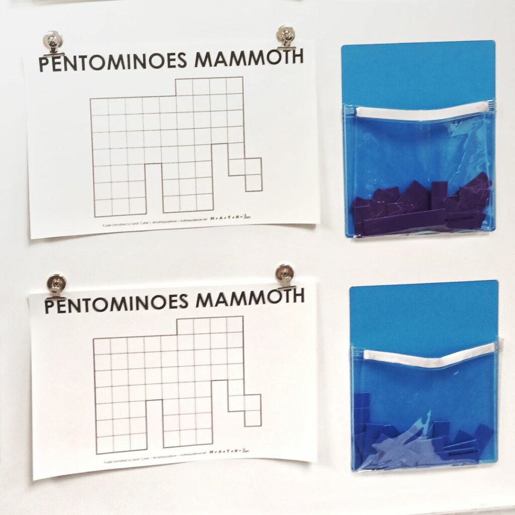 pentomino mammoth puzzle hanging on dry erase board in classroom. 