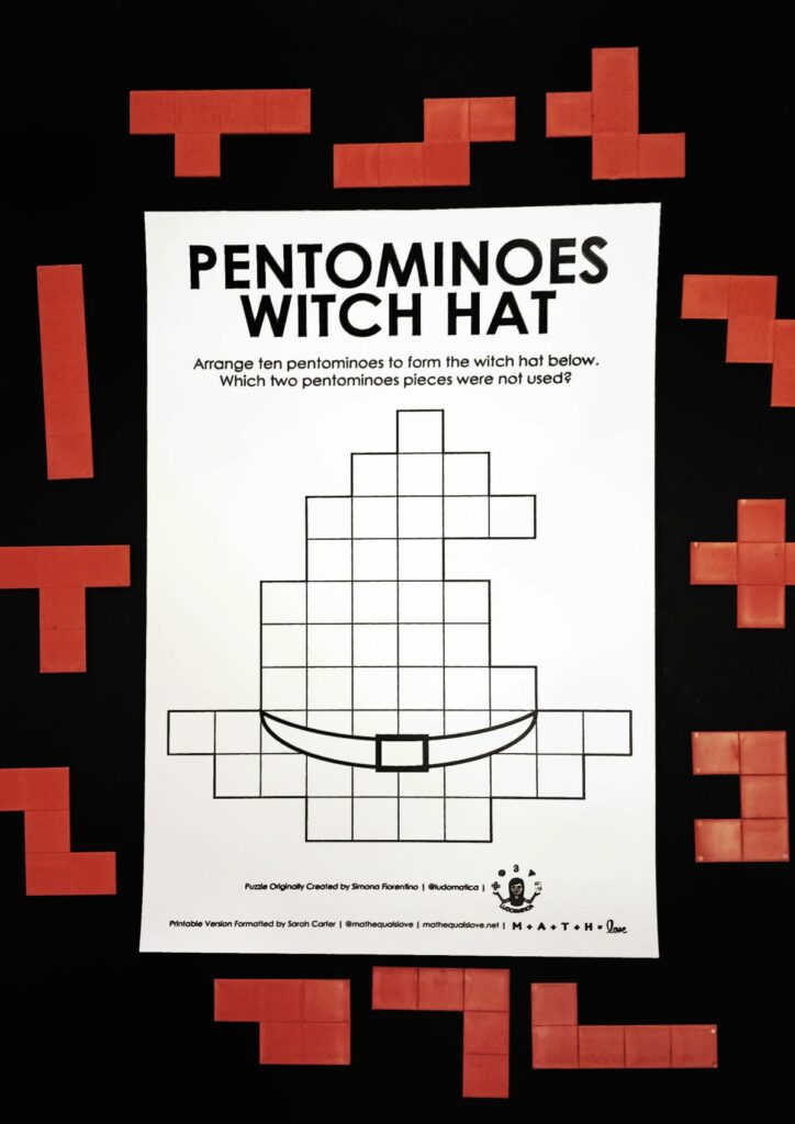 pentominoes witch hat with pentomino pieces surrounding it. 