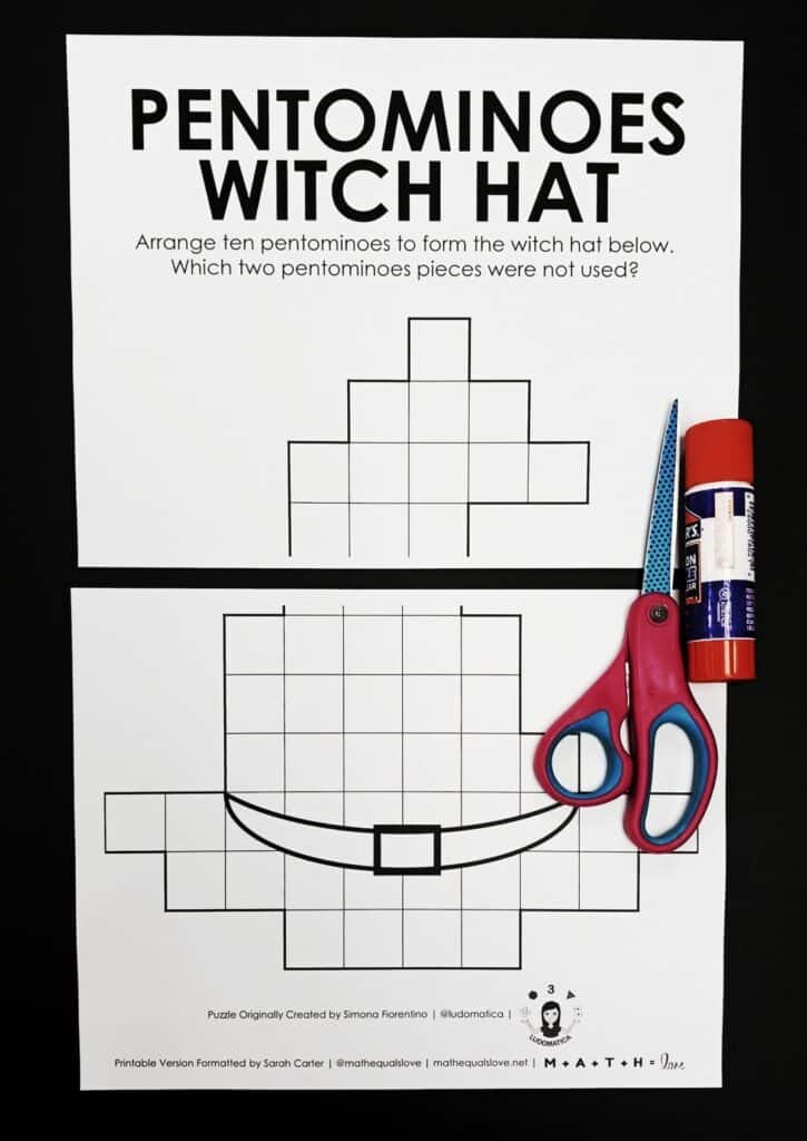 Pentomino Witch Hat Puzzle printed on two pieces of letter sized paper. 