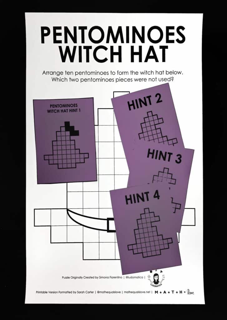 Hint Cards for Pentomino Witch Hat Puzzle for Halloween. 