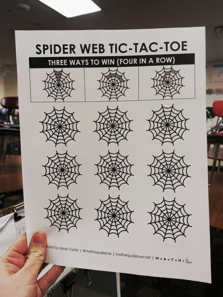 handout with small versions of spider web tic tac toe game to play for halloween. 