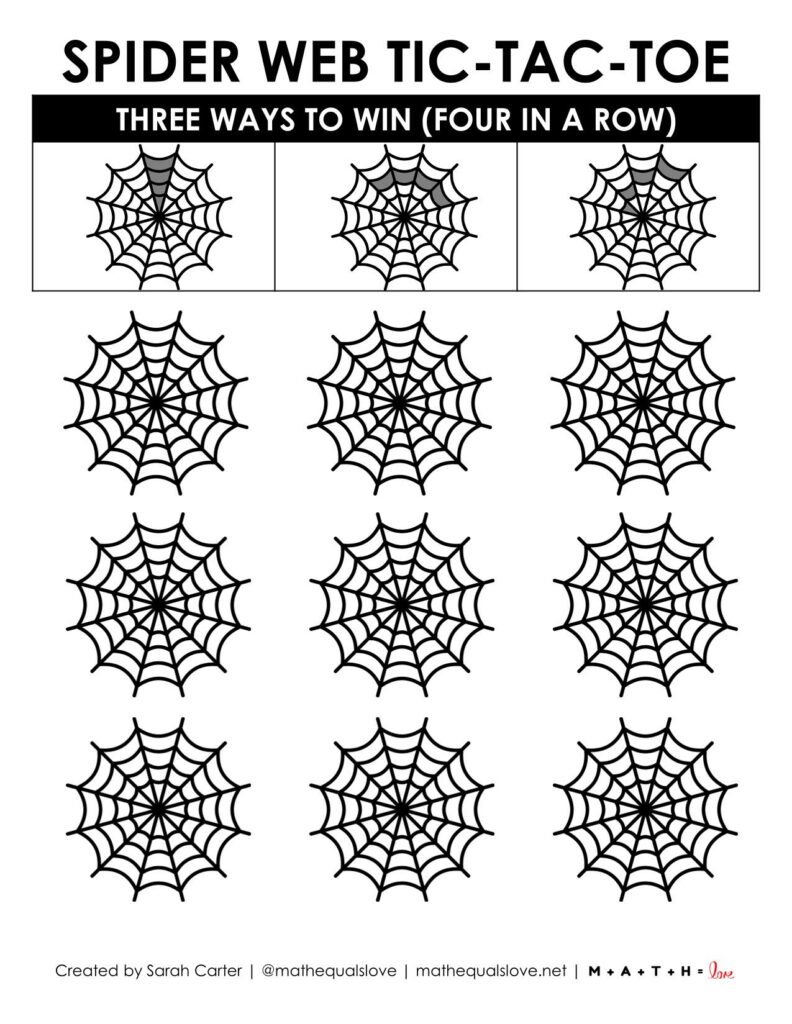 screenshot of handout version with multiple copies of spider web tic tac toe game to play for two students.