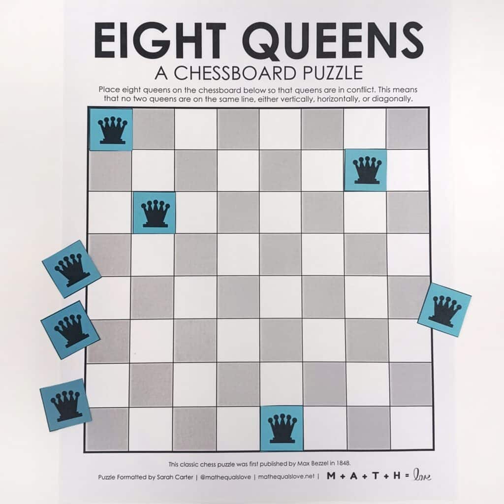 8 queens chess puzzle - free printable pdf version with movable pieces. 