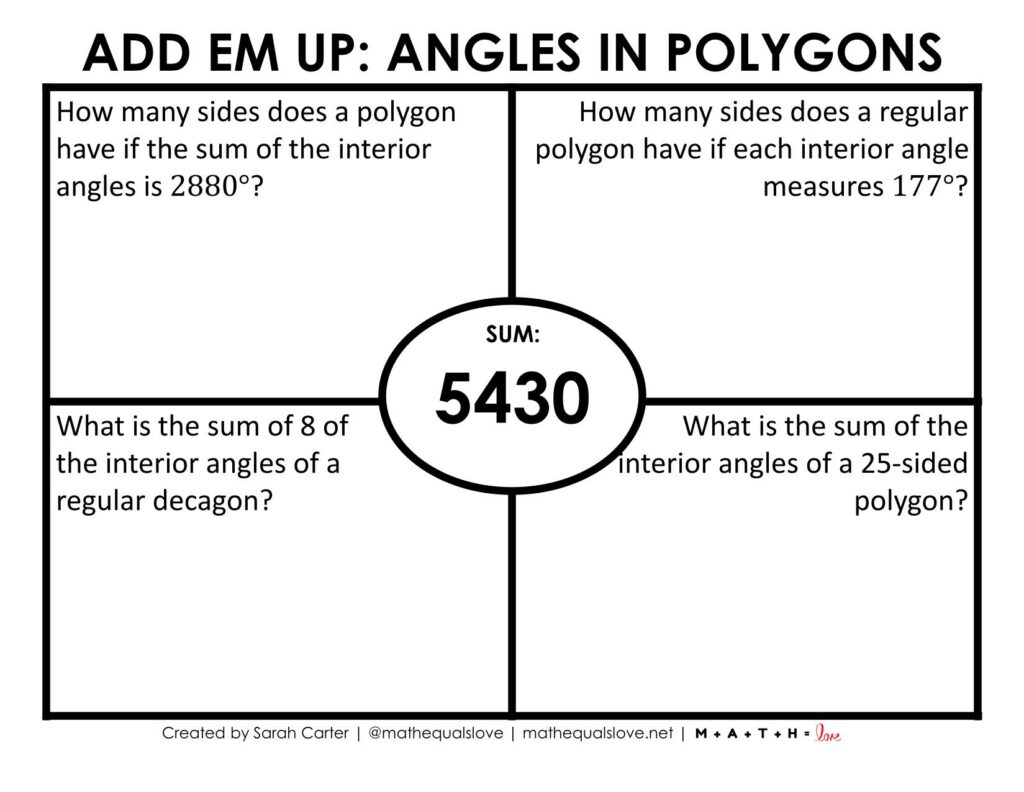 angles in polygons add em up activity with sum of 5430 in center. 