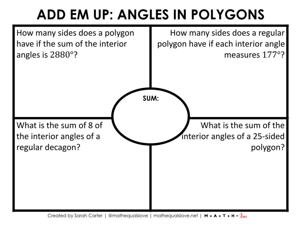 angles in polygons add em up activity with empty center sum. 