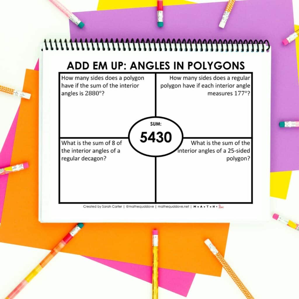 angles in polygons activity with add em up structure in notebook with pencils surrounding the picture. 