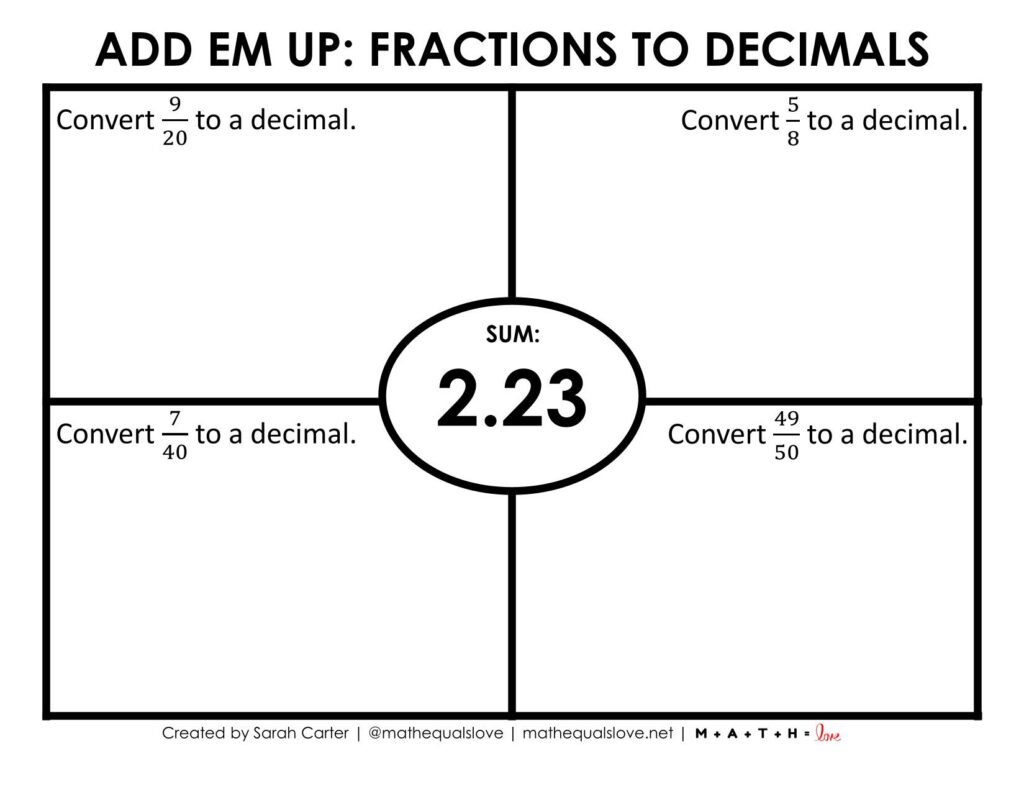 Add Em Up Fractions to Decimals Activity with Sum of 2.23 in middle. 