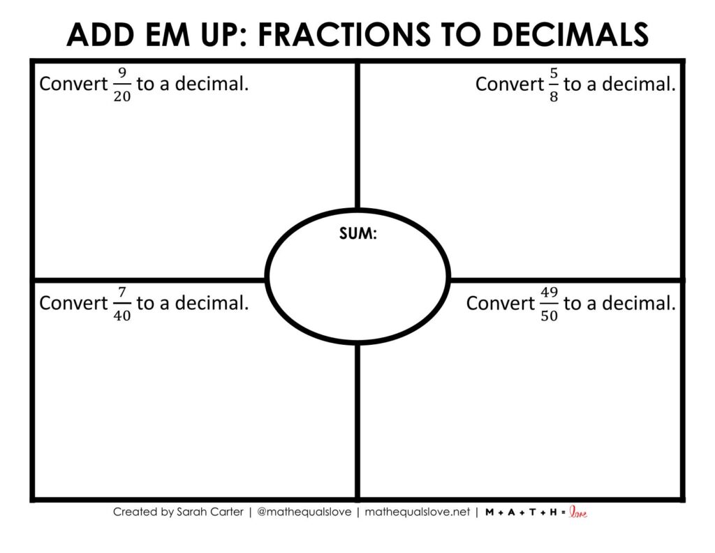 Add Em Up Fractions to Decimals Activity with Blank Sum in Center. 