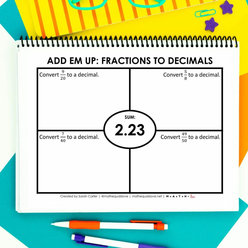 fractions to decimals activity with add em up structure 