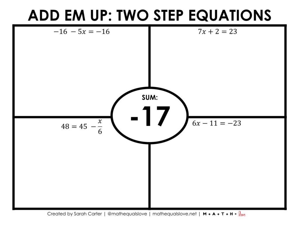 add em up two step equations activity with sum given in center. 