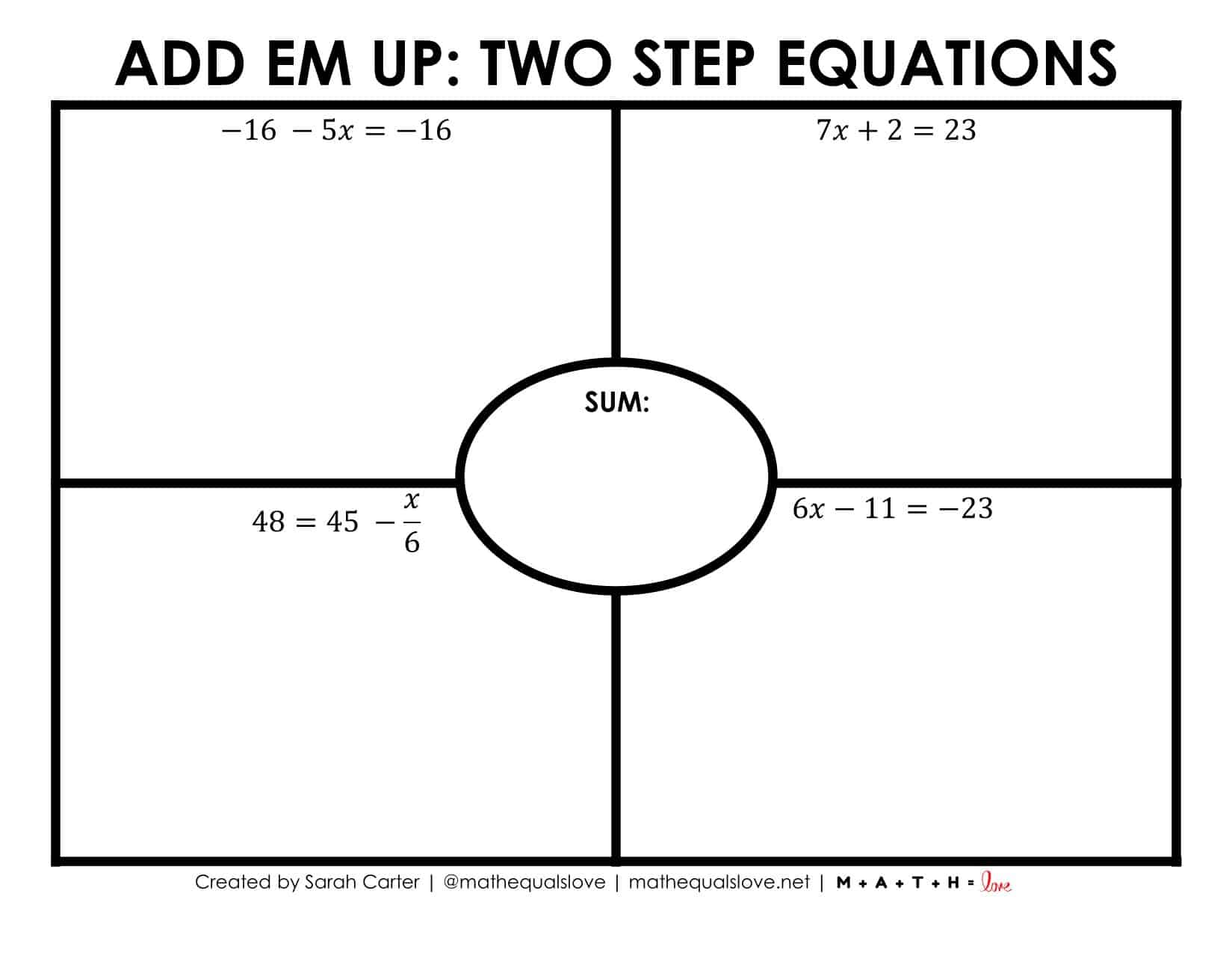 Add Em Up Two Step Equations Activity | Math = Love