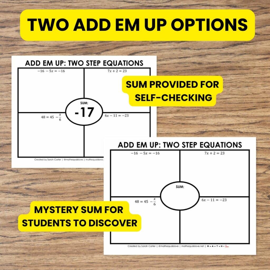 two options for two step equation activity. 