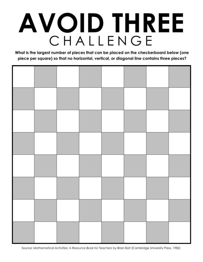 instructions and game board for avoid three challenge on chessboard. 