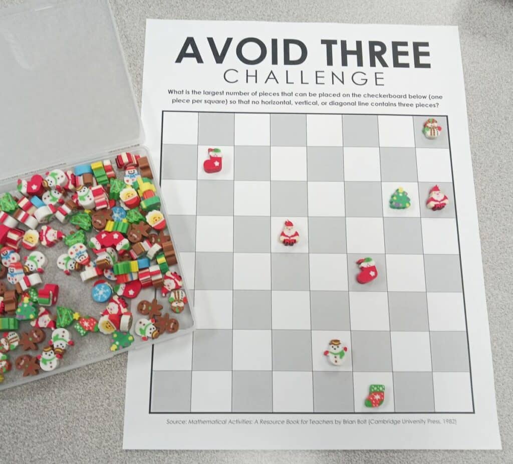 avoid three challenge with winter or christmas mini erasers. 