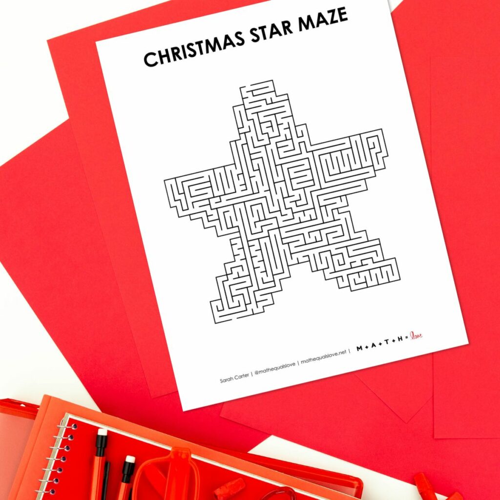 christmas star maze with red paper in background. 