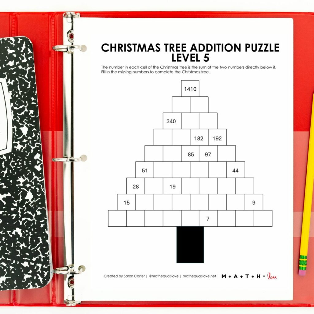 christmas tree addition puzzle - level 5 in binder. 