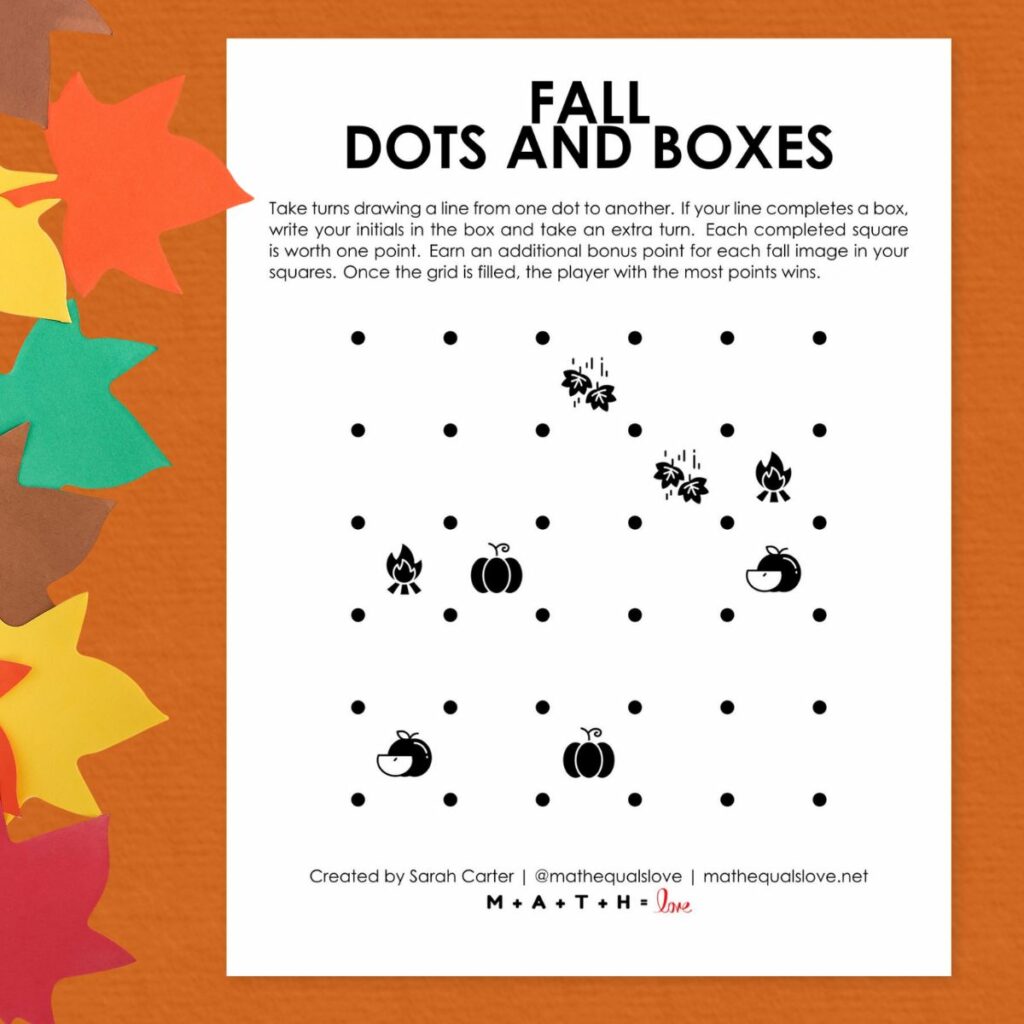 fall dots and boxes game with paper leaves along edge of picture. 