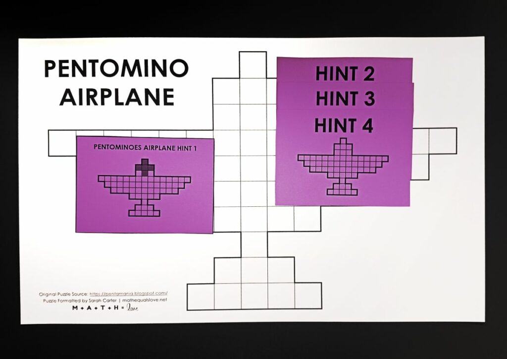 hint cards for pentomino airplane puzzle. 