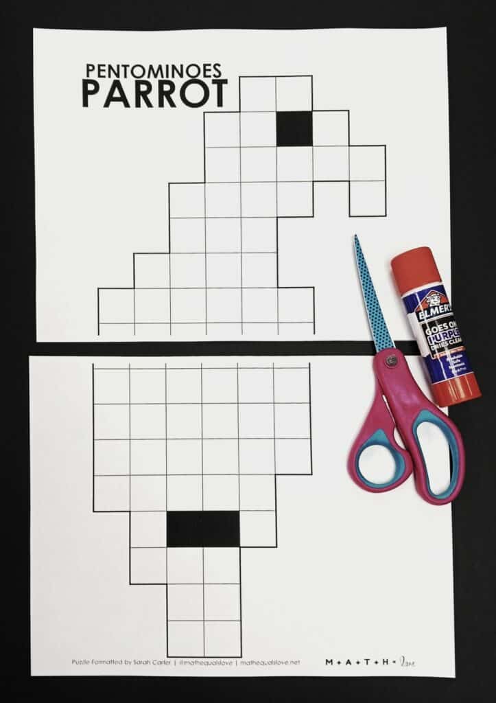 letter sized version of pentominoes parrot puzzle. 