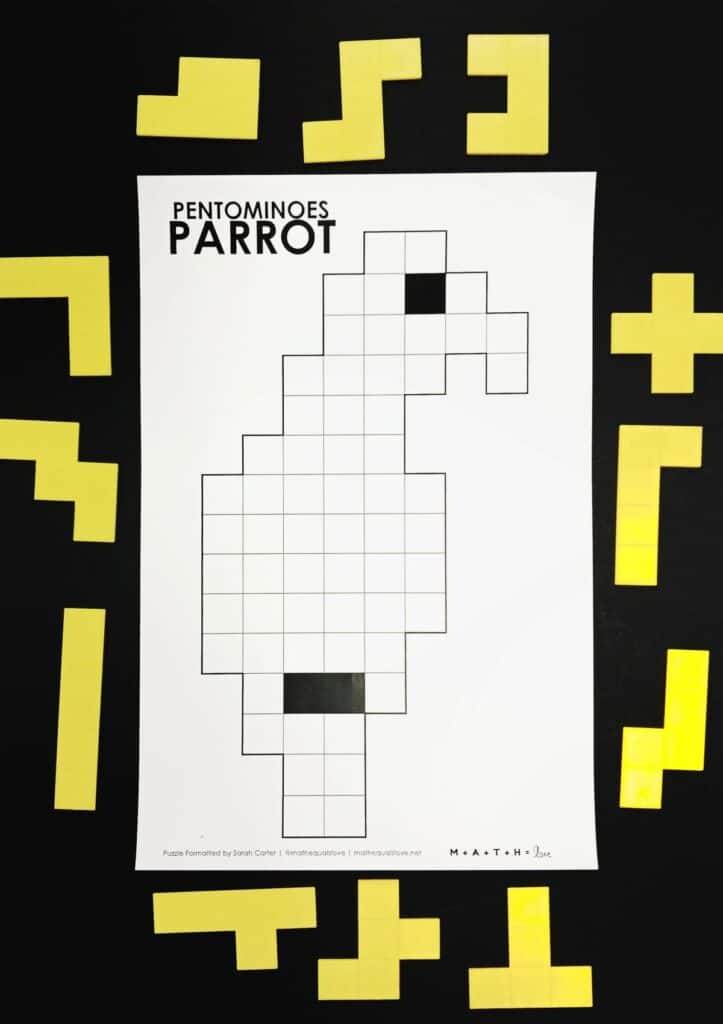 pentomino parrot puzzle with pentomino pieces around it. 