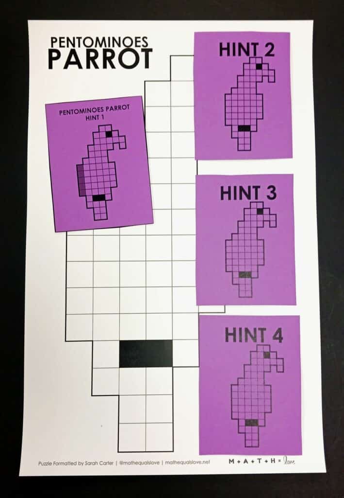 hint cards for pentominoes parrot puzzle. 