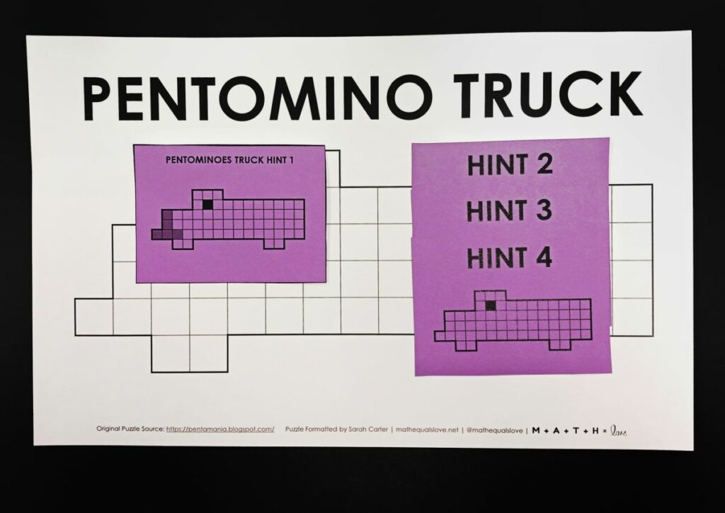 hint cards for pentomino truck puzzle. 