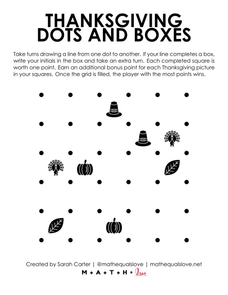 Screenshot of Thanksgiving Dots and Boxes Game. 