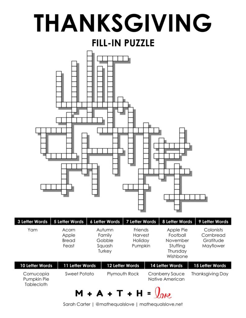 Screenshot of Thanksgiving Fill-In Word Puzzle. 